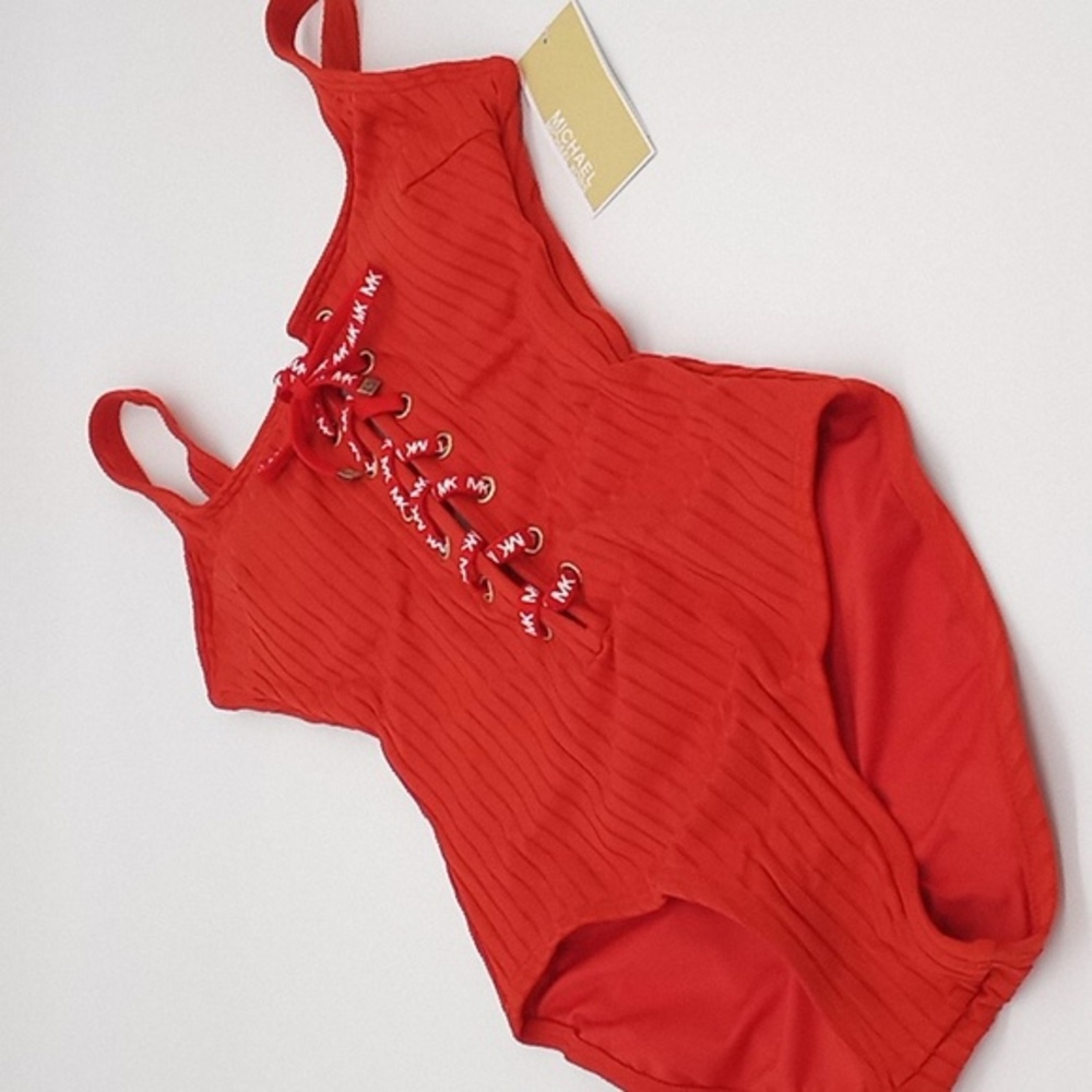 MICHAEL MK Solid Rib Logo Lace-Up One-Piece Persimmon 4